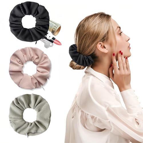 3 Stück Haargummis, Haargummis mit Reißverschluss Tasche, Scrunchie mit Reißverschluss, Elastische Zopfgummis, Scrunchies mit versteckter Reißverschlusstasche, für Mädchen Damen Frauen Pferdeschwanz