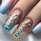 24Pcs Pink Blue Gradient Press on Nails – Gold Mesh & Blue Diamond Design, Medium Length Glitter Acrylic Full Cover Coffin Nails