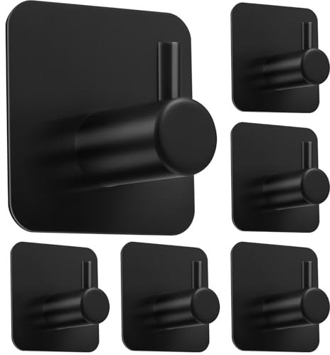 MIEWAA 6 Ganchos Adhesivos para Pared Colgadores Adhesivos sin Taladro de Acero Inoxidable 304 con Soporte 10kg Adhesivo 3M Resistente al Agua y óxido para Baño Cocina y Sala Negro 4.5x4.5x2.7cm
