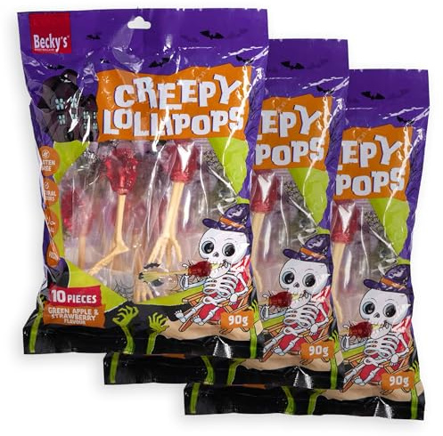 Becky’s Creepy Lollipops 3x90 g Süßigkeiten 30 Skelett-Lutscher | mit Knochen-Stiel, Gruselige Party-Süßigkeiten für Kinder, Erwachsene, Kindergeburtstag, Halloween