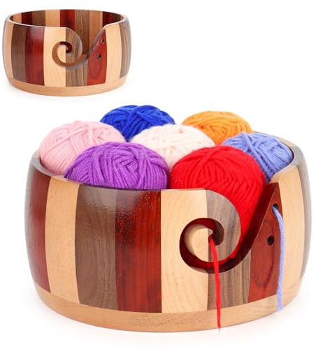 Reessy Yarn Bowl Round, Wooden Yarn Storage Bowl with Holes for Crocheting and Knitting, Large Crochet Bowl 21cm×21cm×10cm - Knitting Bowls Wool Holder for Yarn Balls Storage
