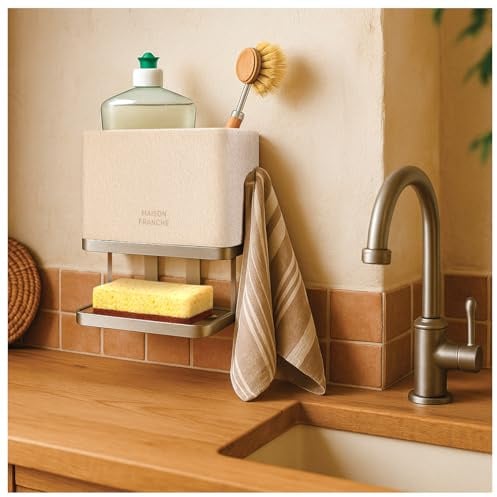 MAISON FRANCHE – Porte-Éponge Mural en INOX et Résine Minérale, Support Éponge et Liquide Vaisselle, Fixation sans Perçage, Rangement Cuisine Design Effet Pierre Naturelle.
