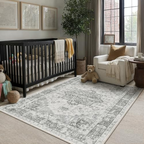 PureCozy Grau Vintage Teppich Wohnzimmer 120x170cm Waschbar | Waschbarer Teppich, Weich Rutschfest, Kurzflor im Retro, für wohnzimmerteppich Schlafzimmer Esszimmer, Carpet Teppiche