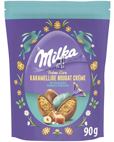 Milka Feine Eier – gefüllt mit karamelliger Nougat Crème und gesalzenen Karamellstückchen – 90g
