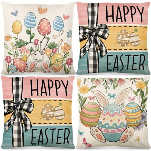 Simpeak 4 Stück Ostern Zierkissenbezüge Bunny Bogen Leinen 45 x 45 cm | 4 Stück Kissenbezüge mit Unsichtbarem Reißverschluss Weich Strapazierfähig für Schlafzimmer Sofa, Dekorativer Kissenbezug