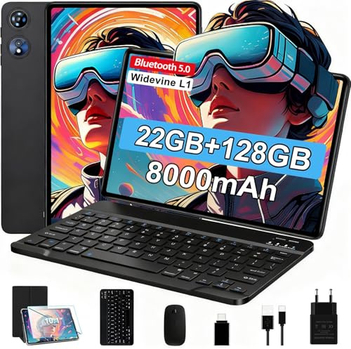 2026 Tablette Android Tablette 10 Pouces 22Go RAM+128Go ROM (TF 2To),Gemini AI, Octa-Core 2.0 Ghz, WiFi 6/5G/2.4G, Widevine L1, 8000 mAh, 1080P, 5MP+8MP, Bluetooth 5.0, Tactile,Clavier+Souris+Cas-Noir