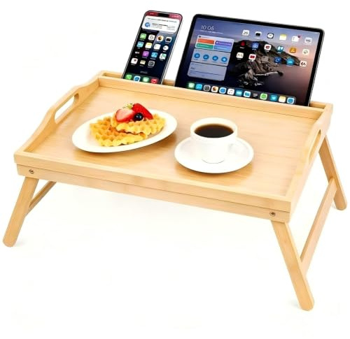 VASMIA Mesa de Cama con piernas Plegables, Bandeja de Desayuno de bambú para Comer, Servir o Usar como Bandeja, Escritorio portátil para Laptop, Bandeja de Snacks, Natural