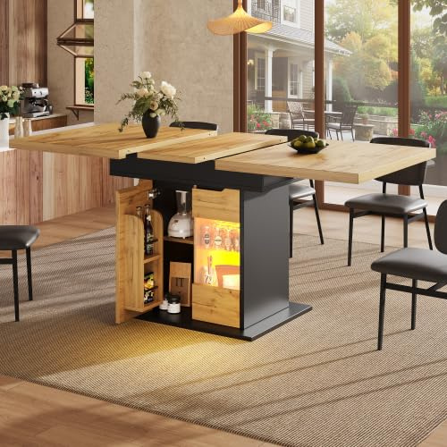 vutizal Esstisch Ausziehbar mit LED-Beleuchtung & Snack-Ablage – Multifunktionstisch als Kücheninsel und Sideboard, App-Steuerung, Glasschranktüren, USB, für 4-6 Personen