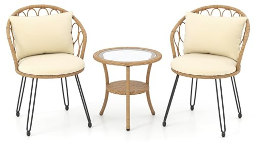 LIFEZEAL Salon de Jardin en Rotin pour 2 Personnes, Ensemble 3 Pièces avec Table en Verre Trempé, Coussins d'Assise et de Dossier, Mobilier d'Extérieur pour Balcon, Terrasse (55,5 x 57 x 81 cm)
