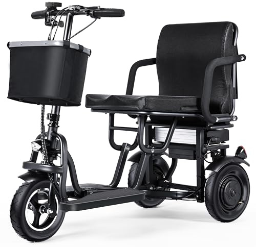 TopMate ES11 3-Rad Mobilitätsroller faltbar, doppelmotorisiert für Erwachsene/Senioren, mit ergonomischem Sitz, abnehmbarem Akku, 3+1 Geschwindigkeitsstufen und Korb - Schwarz