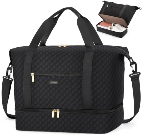 ETRONIK Reisetasche Damen Ryanair Handgepäck 40x30x20, Sporttasche Damen | Leichte Puffer Handgepäck Tasche Kliniktasche Geburt, Weekender Travel Bag Wasserdichte Reisetasche mit Schuhfach, Schwarz