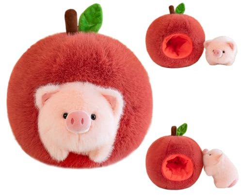 Plüschtier Schwein Kuscheltier mit Baby Schweinchen Geschenk Apfel Kissen | Abnehmbar Baumwolle 18CM Rosa Schweinchen Kuscheltier Spielzeug Plüschtier Schwein Kawaii für Geburtstage Weihnachten