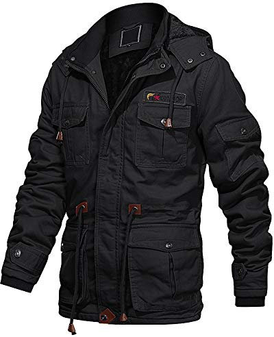 EKLENTSON Herren Übergangsjacke Militär Jacke Baumwolle Warme mit Abnehmbare Kapuze Cargo Schwarz, 2XL