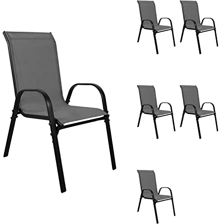 FineHome 6 Stück XL Gartenstuhl Stapelsessel Gartensessel Textilenbespannung stapelbar Gartenmöbel schwarz Textilen Anthrazit Metall