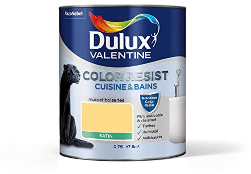 Dulux Valentine Color Resist - Peinture Intérieure Pièces Humides - Pour Murs, Plafonds, Boiseries - Lessivable et Résistante - Couleur : Jaune Frais Satin - 0,75 L - 5261971