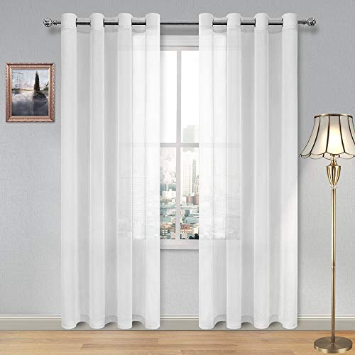 DWCN White Sheer Curtains Textured Semi Transparent Eyelet Top Decorative Voile Curtain for Living Bedroom, 52 Wide x 84 Drop, 2 Panels