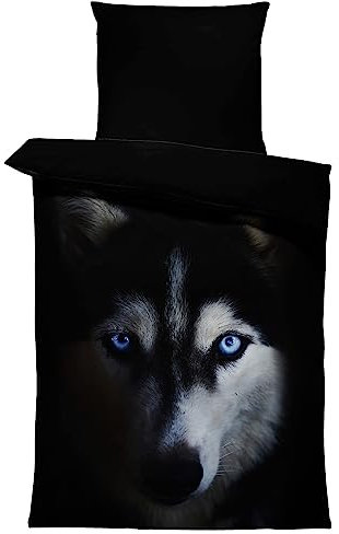 one-home Bettwäsche 135x200 cm und 80x80 cm Mikrofaser Garnitur Bettbezug Fotodruck Set, Farbe:Wolf schwarz, Größe:4 teilig 135x200 cm