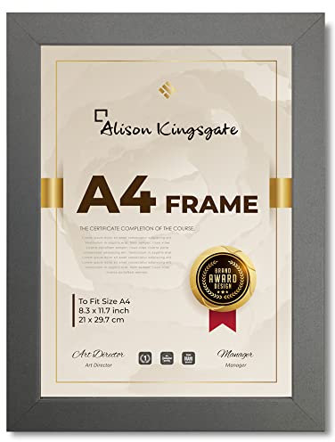 Alison Kingsgate A4 Frame Grey in Size 29.7 x 21cm Use for Certificate Grey Frame Pictures/Photos/Posters, A4 Frame with Clear Perspex Sheet & Wall Mounted Hook (Dark Grey)