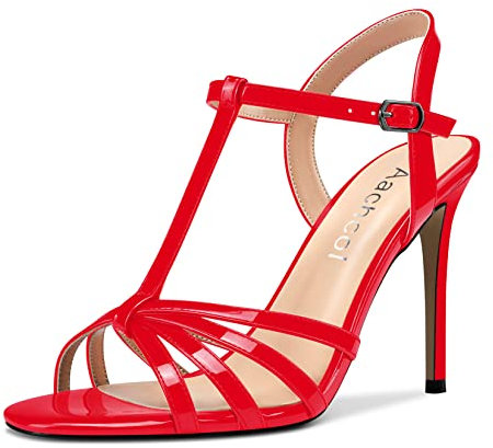 Aachcol Donna T-strap Sandali Spillo Alto High Tacco Heel Aperte sulla Punta Slingback Cinturino alla Caviglia Scarpe 10 CM Rosso Verniciata 36 EU
