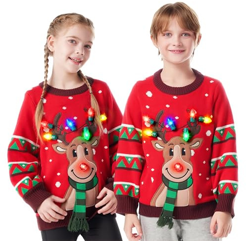 JOYIN Kids Christmas Jumpers LED Light Up Reindeer Ugly Xmas Jumper Xmas Sweater Built-in Light Bulbs for Girls Boys (Red L)