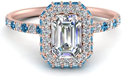 Rollover Halo Diamond Ring rose gold plated Natural Blue Topaz Emerald shape Blue color Halo Engagement Rings prong Setting in Size Z1 Minimal Surprise Gifts for Ladies RGPR-D178-EMERALD-BTO-Z1