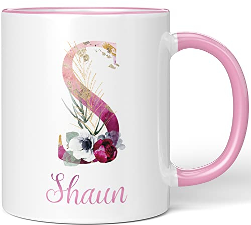 JUNIWORDS Tasse, Shaun, Name Anfangsbuchstabe Initial Alphabet Floral Buchstabe S Monogramm Motiv, Rosa (5541163)