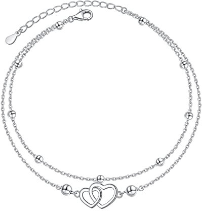 HOOHWE Fußkettchen für Damen 925 Sterling Silber Herz fußkette für Frauen Klassische Fußkettchen Armbänder Sommer Schmuck für Frauen und Mädchen Layered Ankle Bracelet