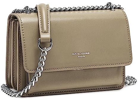 David Jones - Damen Kleine Umhängetasche - Frau Ketten Schultertasche PU Leder - Handtasche Mini Crossbody Bag mit Klappe - Handy Party Tasche Kettentasche Abendtasche Mode Trend - Beige