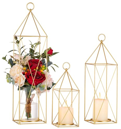 Sziqiqi Kerzenhalter Laternen 27/39/54cm, Kerzenständer Stumpenkerzen Dekorative für Hängende Boden Tischdekoration, Große Metall Laternen für Draußen für Hochzeit Weihnachten Party Mittelstücke, Gold