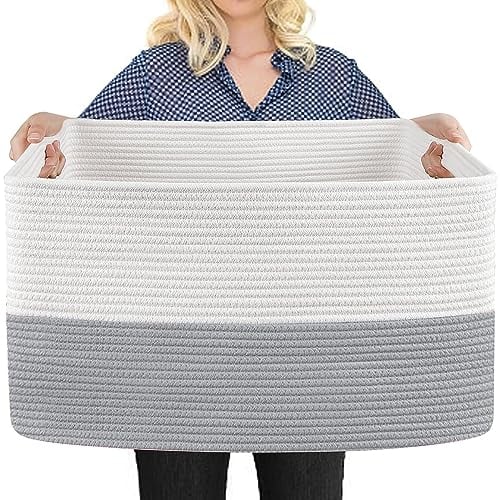 MEGASKET Extra Large Rectangular Woven Cotton Rope Laundry Hamper with Handles Wicker Laundry Basket for Blankets, Clothes, Toys, Grey, 60 x 40 x 35.8cm