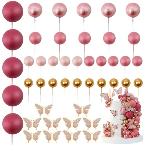 LARDUX 45 PCS Ball Cake Toppers - Butterfly Cake Decorations DIY Mini Balloon Cupcake Insert for Girl Kids Women Birthday Party Baby Shower Wedding - Rose Pink