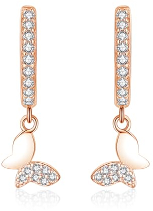 Bewenda Damen Creolen Ohrringe Hängend, 925 Sterling Silber Creolen Ohrhänger mit Zirkonia, Hypoallergen Schmetterling Anhänger Creolen Ohrringe, Rosegold Hängeohrringe für Frauen Mädchen Mutter