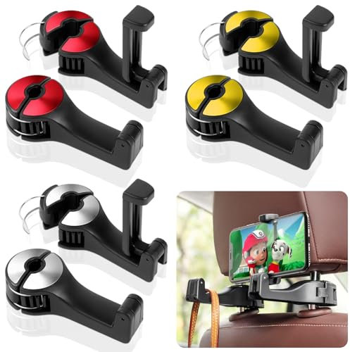 XSHAO® 6 Stück Auto Kopfstützen Haken, 2 in 1 Autositzhaken mit Handyhalterung 360° Versteckter Haken Einstellbar Auto Kopfstütze Handyhalter für Tasche Geldbörsen Lebensmittel