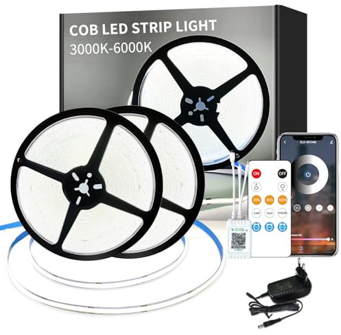 Yeewhale 30m Dimmable COB LED Strip 24 V Flexible COB led streifen Set,6000K Weiß Bright Under-Unit Light for Home Party DIY Decoration,App Steuerung mit Fernbedienung