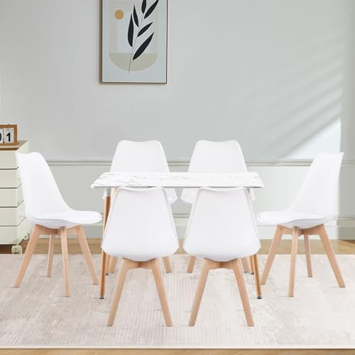 LafeuR Esszimmergruppe Esstisch mit 6 Stühlen Essgruppen, Rechteckig Küchentisch-Set für 6 Personen Sitzgruppe für Wohnzimmer Küche Büro(Marmor Tisch+6 Weiß Esszimmerstühle)