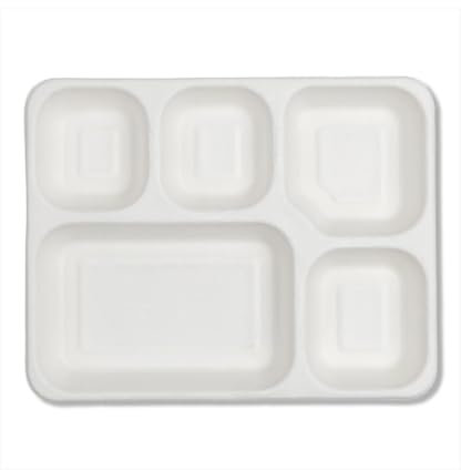 Wrap n Pac 25-Pack 5 Compartment Bagasse Plates – Eco-Friendly, Leak-Proof, Microwave Safe – Disposable Sugarcane Plates for BBQ, Parties, Picnics & Events