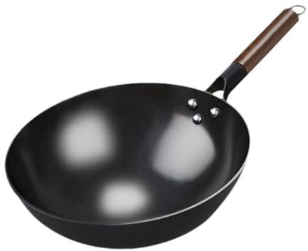 Padella Wok Wok di ferro Pentole da cucina Wok generale con manico in legno Pentole Pentole da cucina Wok cinese antiaderente Padella antiaderente, Senza Orecchio, 36 Cm