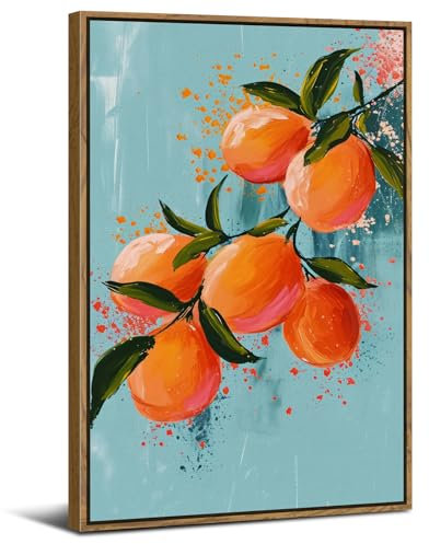 Orange Framed Canvas Wall Art Kitchen Wall Decor Vintage Still Life Fruit Poster Prints Picture for Dining Room Modern Abstract Painting Minimalist Oranges Plant Artwork Home Bar Decorations 12x16”