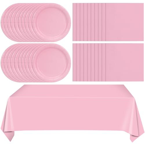 49Pcs Light Pink Birthday Party Decorations Pink Party Supplies Set Include Plates Napkins and Tablecloth, Disposable Dessert Plates, Cake Plates Pink Tableware for Birthday Wedding Graduation Party