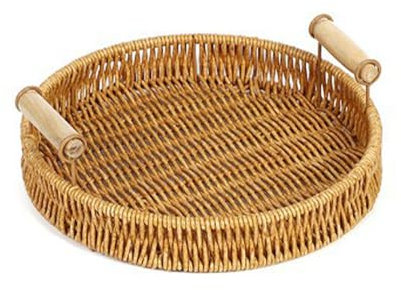 FILOEEX Round Rattan Woven Serving Tray,Round Serving Tray with Handles,Large Home Decor Organizer Tray for Coffee,Drink,Breakfast,Tea,Candle (Nature-22cm)