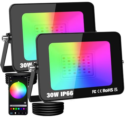 PICAA 2 pcs Projecteur LED Extérieur Sans fil RGB 30W 3000LM, Multicolore | 16M couleurs, Contrôle App, Musique, Modes, IP66 étanche - Pour jardin, terrasse, disco, soirées, scène, Déco - Prise UE