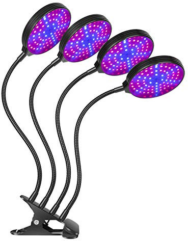 LED Grow Light for Indoor Plants 60W 4-Head Red & Blue LEDs Auto On & Off with 4/8/ 12H Timer 3 Light Modes 5 Brightness Levels IP66 Clip-On Desk Plant Growing Lamps for Seedlings