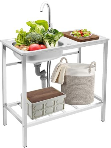 Tagtuell Kitchen Sink Unit, Free Standing Sink with Storage Shelf, Stainless Steel Commercial Sinks for Outdoor Camping Restaurant