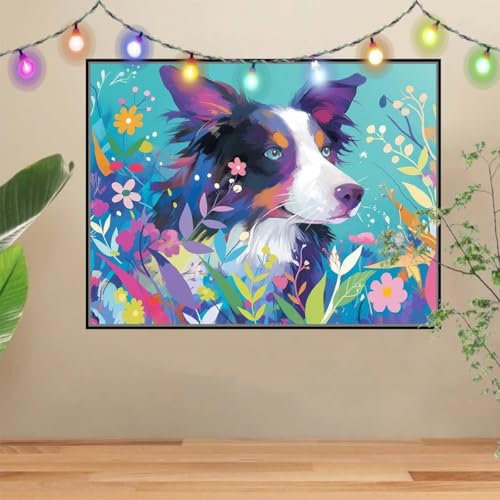 5D Border Collie,Fleur Peinture Diamant Adulte,Bricolage Diamond Painting Adulte grand 80x107cm,DIY Diamant Broderie Strass Point de Croix Painting pour Décoration Intérieur Enfants Cadeau 4E-9857