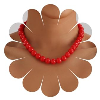 Cybche Vintage Große Rote Perlen Choker Halskette Große Klobige Runde Perlen Halsketten Runde Perlens Strang Halsketten Rote Perlens Kragen Kette Halskette Aussage Schmuck Für Frauen