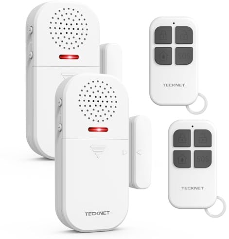 TECKNET Alarma para Casa Inalámbrica, Alarma Casa con Mando a Distancia, Sensor Apertura Puerta con 4 Modos y 5 Niveles de Volumen, 2 en 1 Alarma y Timbre para Hogar, Tienda, Hotel (2PCS)