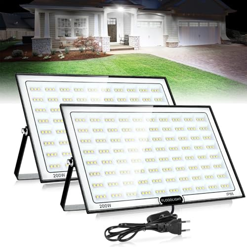 VAYALT 200W LED Strahler Außen 2 Stück, IP66 Wasserdicht und Superhell 6500-7000K 20000LM Led Scheinwerfer 230V, Led Strahler mit Stecker, Flutlichtstrahler für Hell Garten Garage Sportplatz Hof