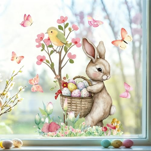 Ostern Fensterbilder Doppelseitig Fensterdeko Wiederverwendbar Hasen Ostereier Fenstersticker Selbstklebend Fenster Aufkleber Frühling Deko für Kinderzimmer Fensterfolie (J)
