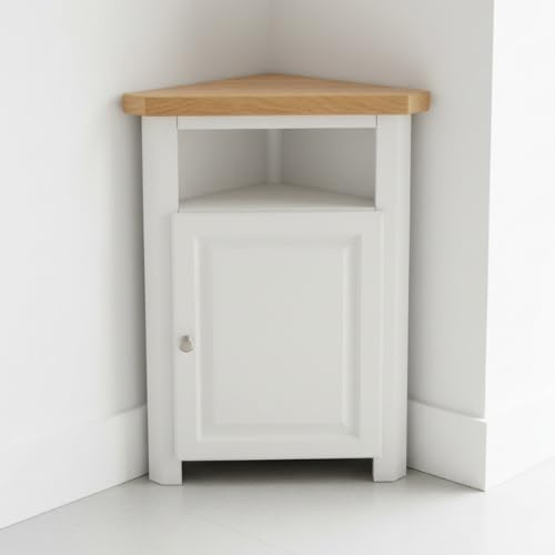 ALL WHITE Corner Cabinet with Chunky Oak Top - Tall Corner Unit with Shelf, Assembled Small Cabinet for small Nooks or Bedside Table