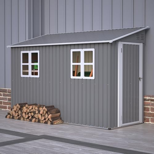 PLLBIKK Metall Gerätehaus mit Pultdach, Geräteschuppen 291x110,8x188,6cm, Gartenhaus mit Tür & 2 Fenstern, Garten Schuppen Witterungsfest für Garten,Terrasse & Hof, Grau